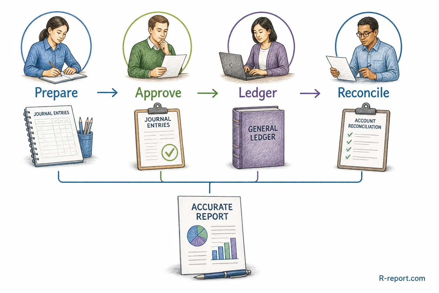 Accounting internal controls protect reliable financial information through segregation of duties, general ledger controls, reconciliations, and period-end closing.