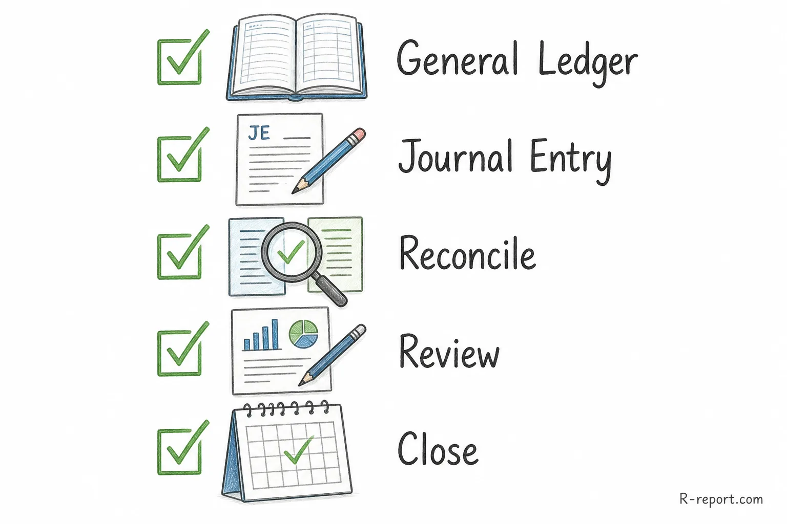 Accounting internal control checklist covering segregation of duties, general ledger controls, periodic reviews and reconciliations, and closing controls.