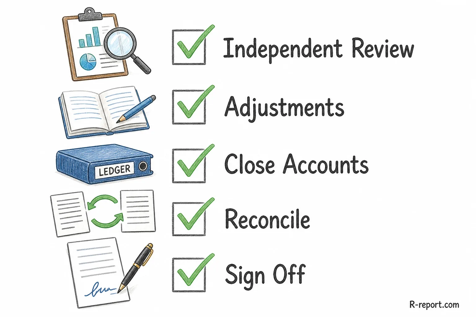 Financial reporting checklist covering segregation of duties, review, consolidation, disclosure, and consistency checks.