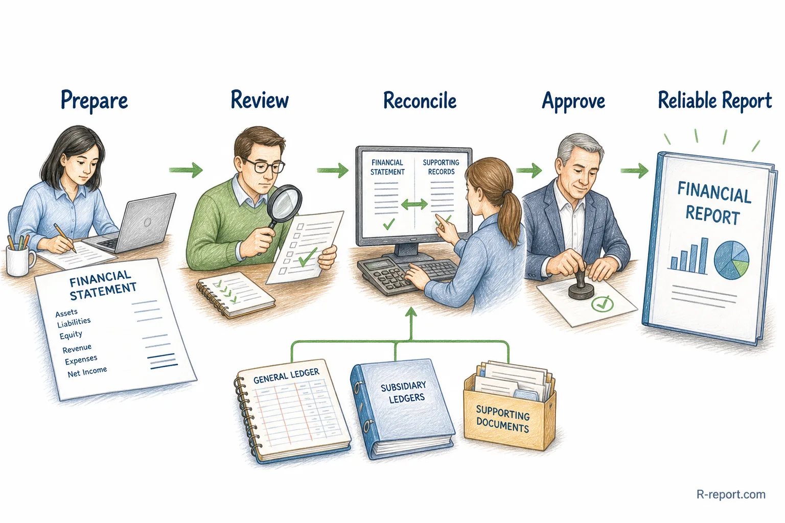 Financial reporting controls ensure accuracy, compliance, and decision-ready reports through review and approval.